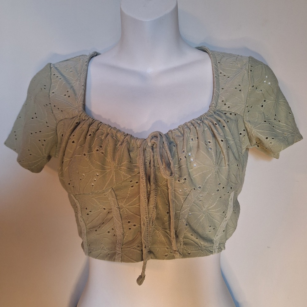 Blashe Sage Green Eyelet Crop Top Tie Front Cottagecore Corset Style Size Small